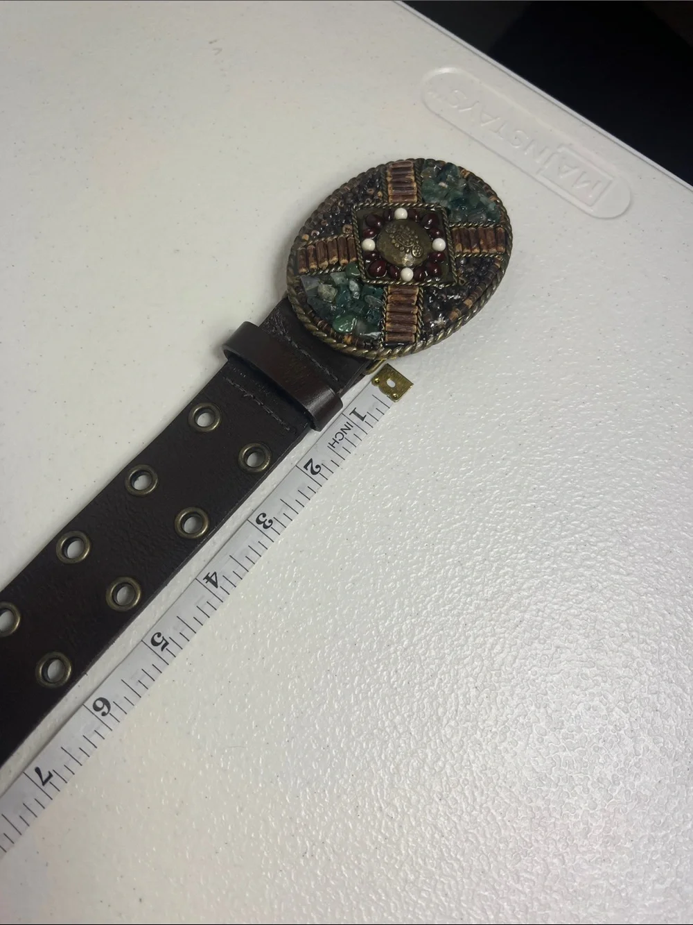 Cabi Sz M Leather Belt Brown Double Grommets Stone/Bead Buckle Vintage